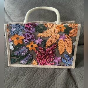 Floral Sequin Embellished BEACH Tote Bag